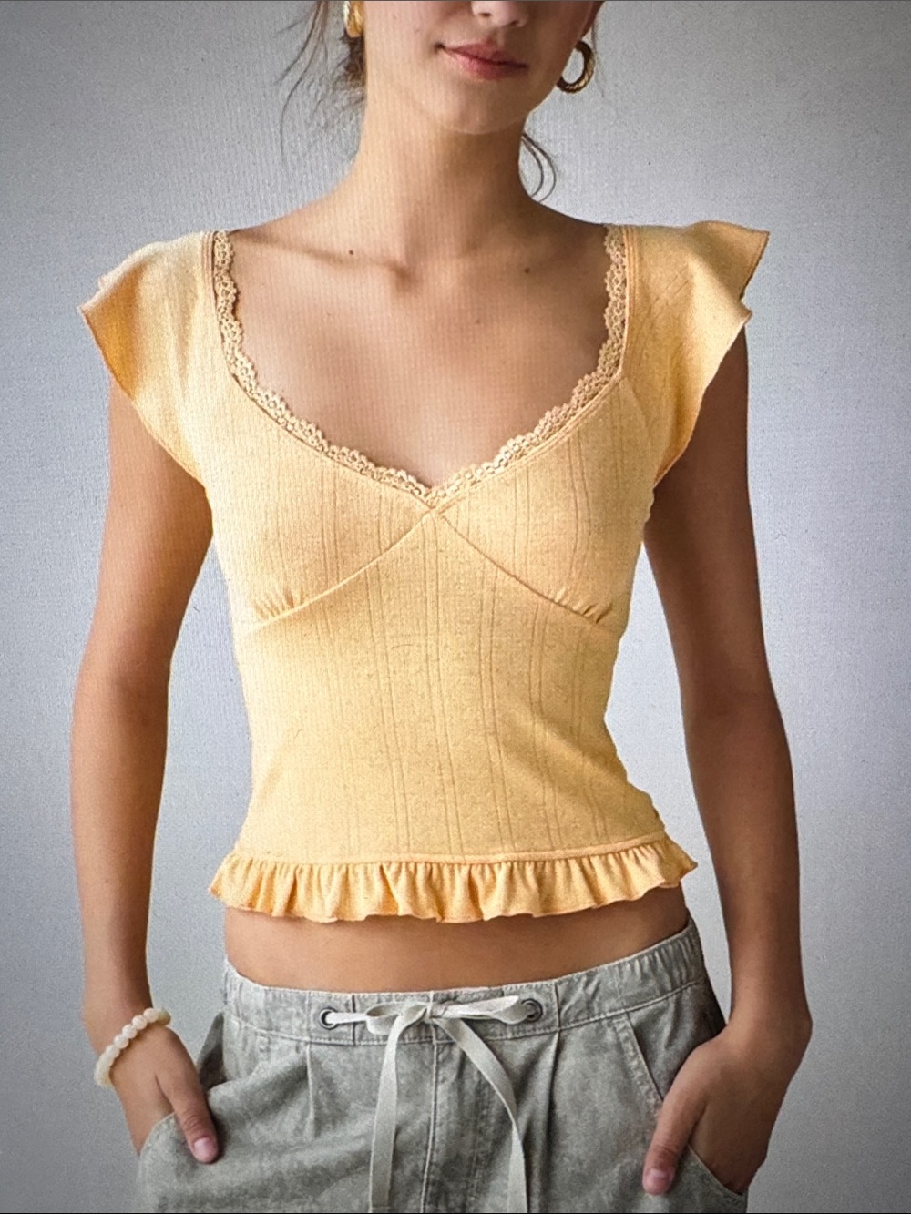 Urban Outfitters Kimchi Blue Posie Pointelle Knit Lace-Trim Ruffle Top